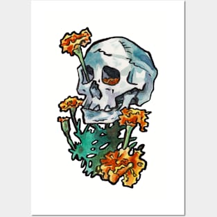 Skull with Marigold Flowers Posters and Art